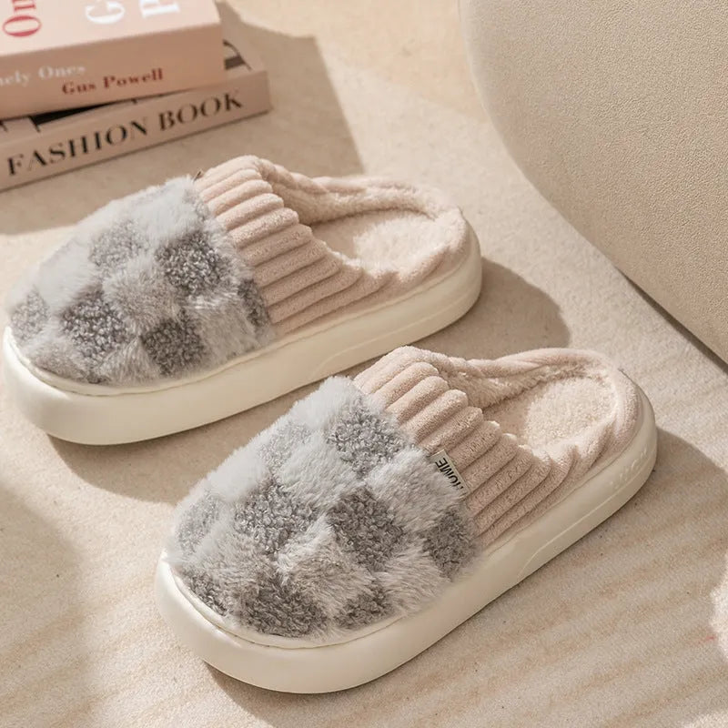 Plaid pattern women's plush slippers with round toe and non-slip sole in multiple colours