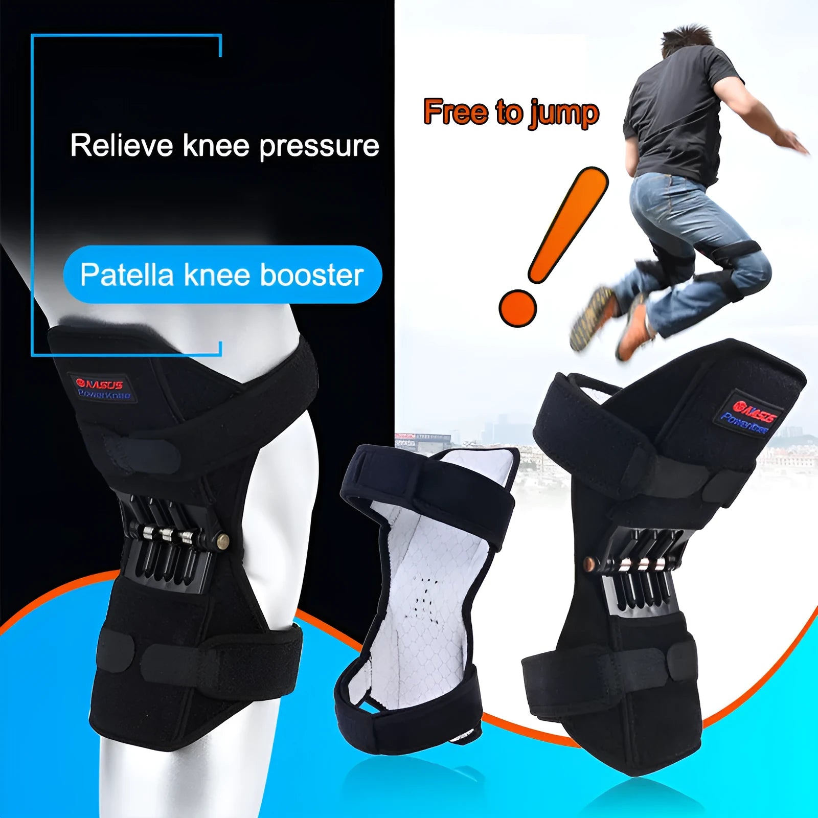Adjustable knee brace with patella support and spring mechanism in breathable fabric
