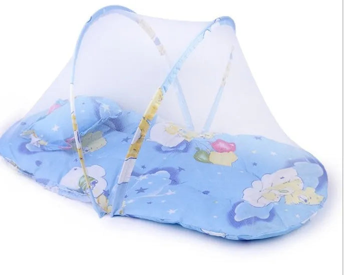 Portable foldable baby mosquito net tent with sleeping cushion, 54x44cm, stainless steel frame, available in blue and pink
