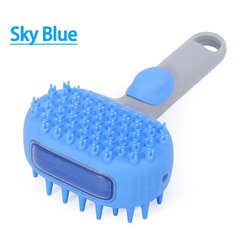 Silicone dog bath brush with lotion dispenser in blue, used for hair cleaning and massage during pet bathing