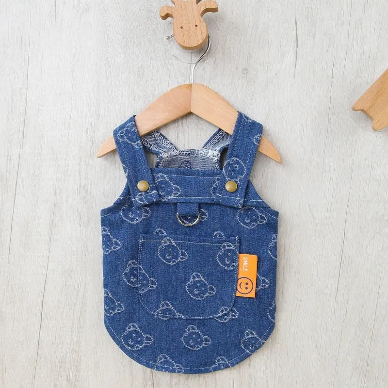 Blue denim Teddy Bichon pet dress in princess style with bracket skirt design