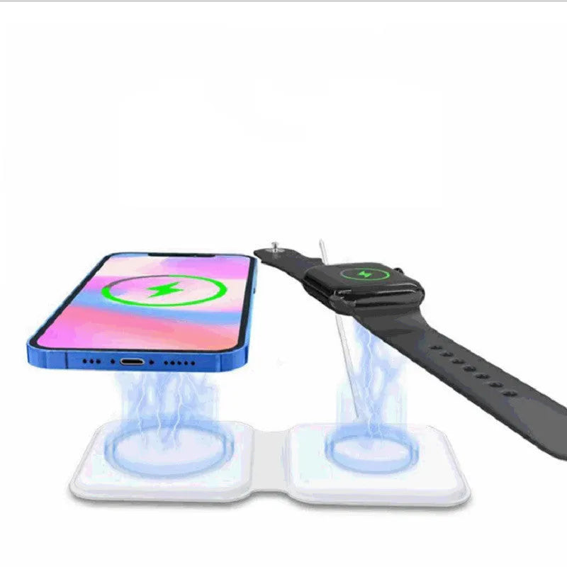 White 2 in 1 magnetic wireless charging dock with foldable design showing dual charging surfaces