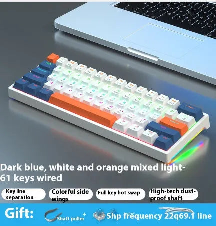 Bluish-black 61-key mechanical keyboard with wired USB cable on desktop