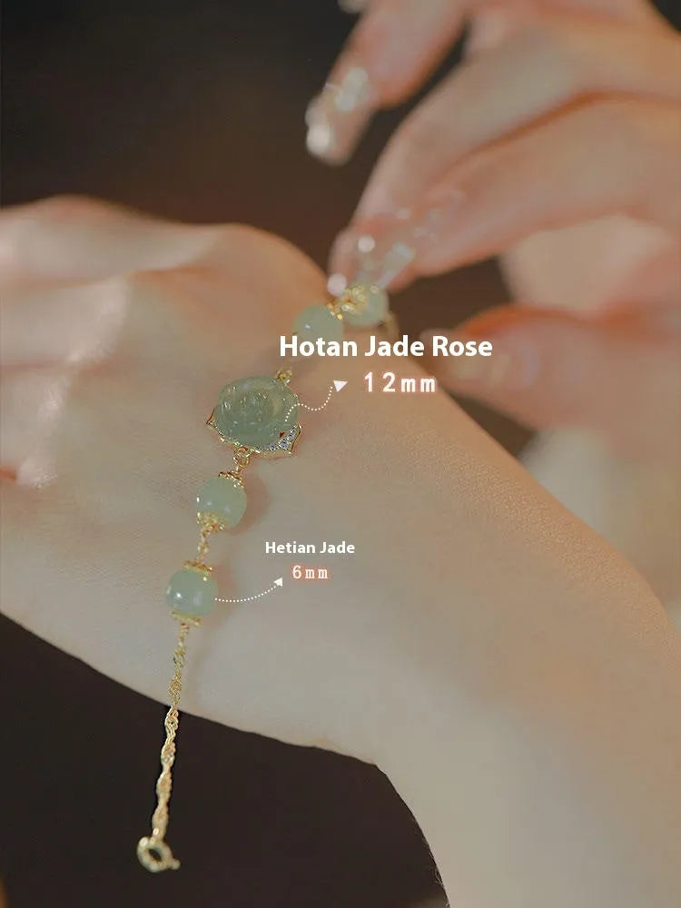 Women's Hetian jade bracelet with rose flower design and 14K gold plating, literary style