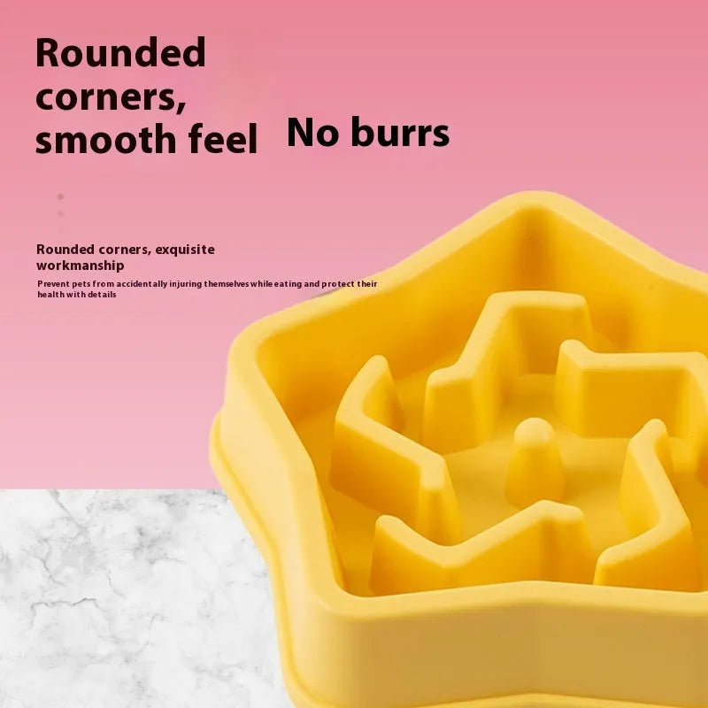 Yellow plastic dog slow feeder bowl with textured bottom pattern measuring 20.1cm diameter