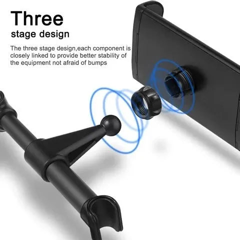 Black universal car phone holder mounted on a car rear seat base, holding a tablet for navigation