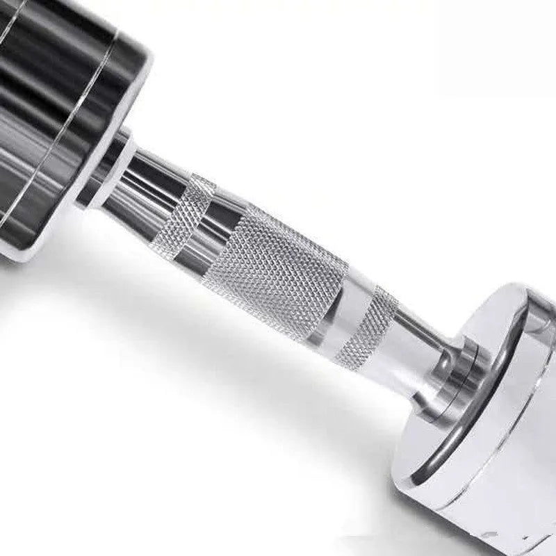 Pure steel dumbbell with silver electroplated finish and ergonomic date-core handle