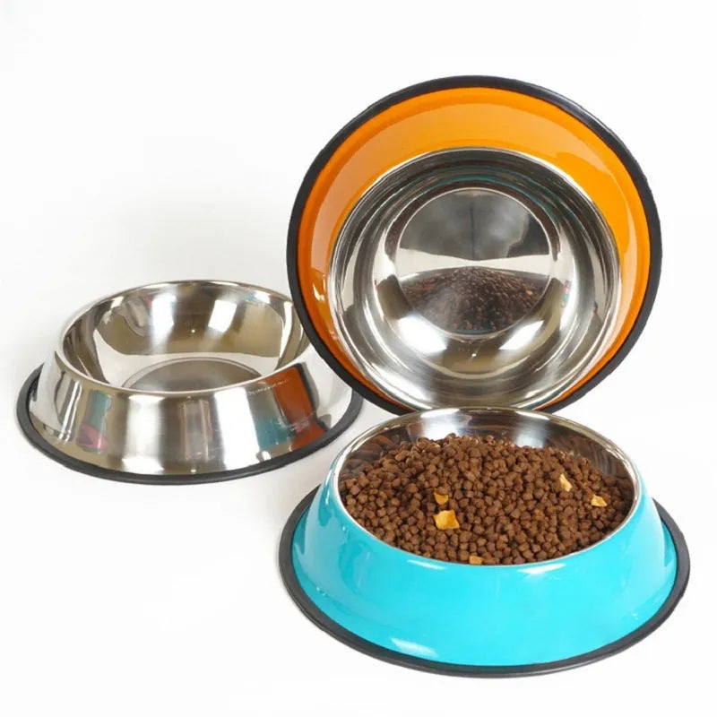 Stainless steel pet bowl with colourful melamine outer pot and non-slip rubber base