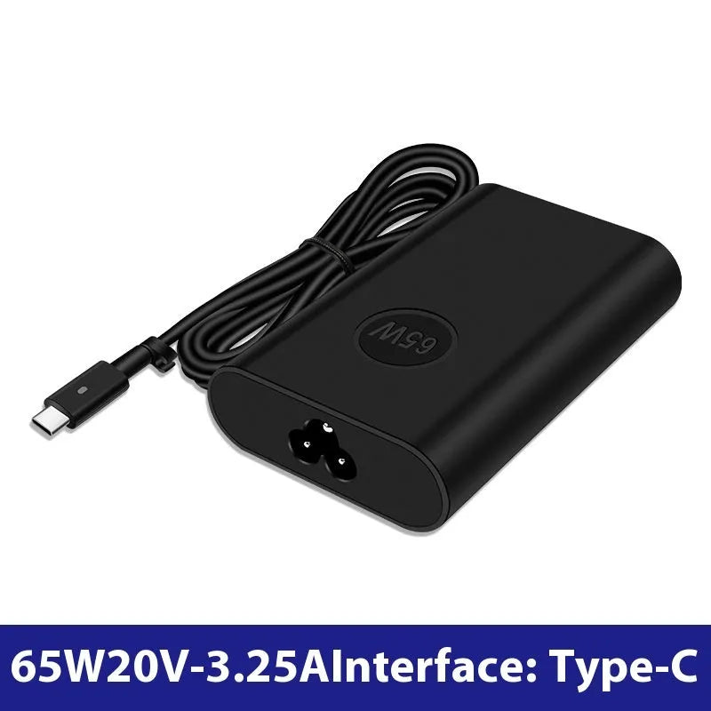 Black 65W USB-C laptop power adapter with a set of international plug cords for UK, US, EU, AU and SA sockets.
