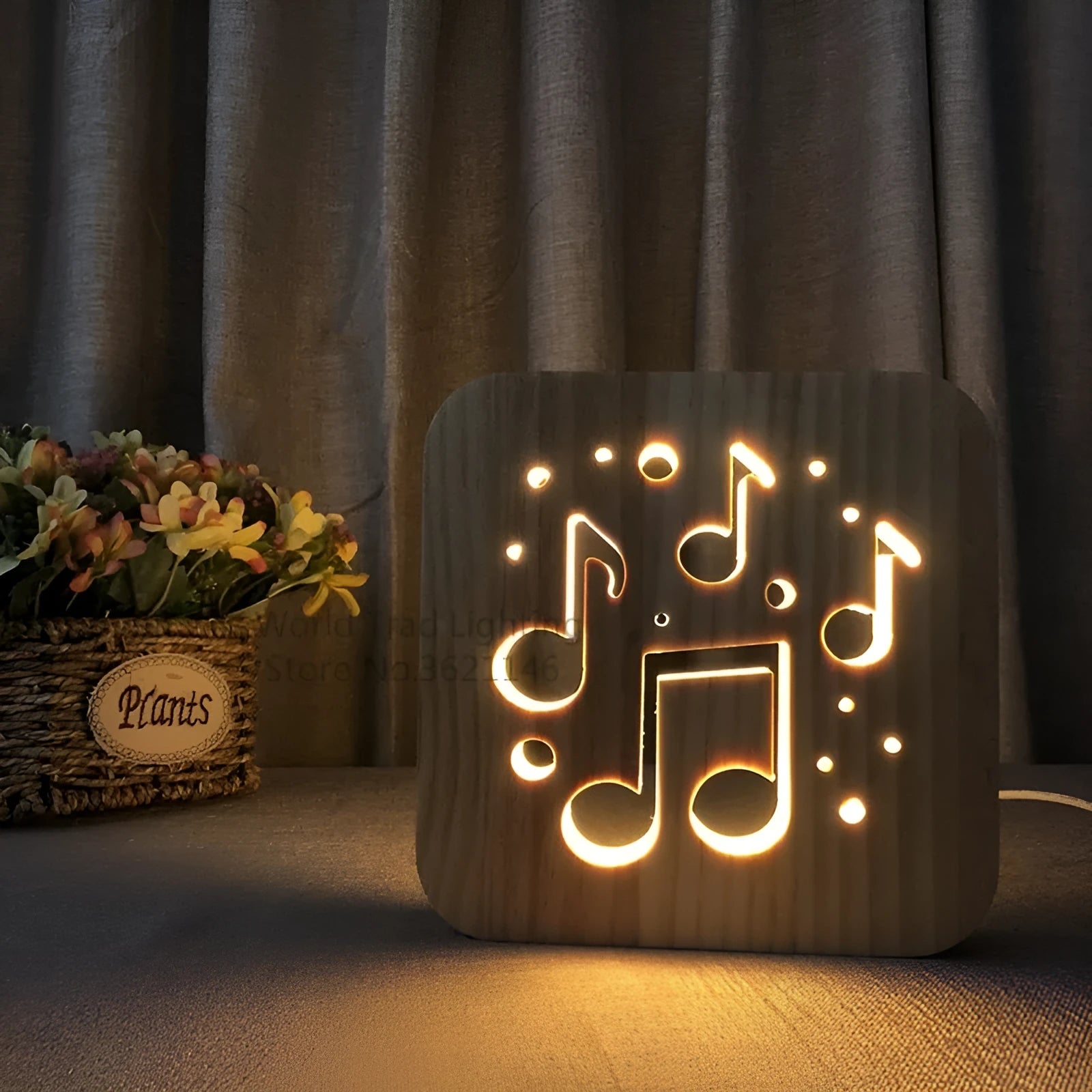 Square pine wood USB lamp emitting a warm white 3D patterned light on a surface.