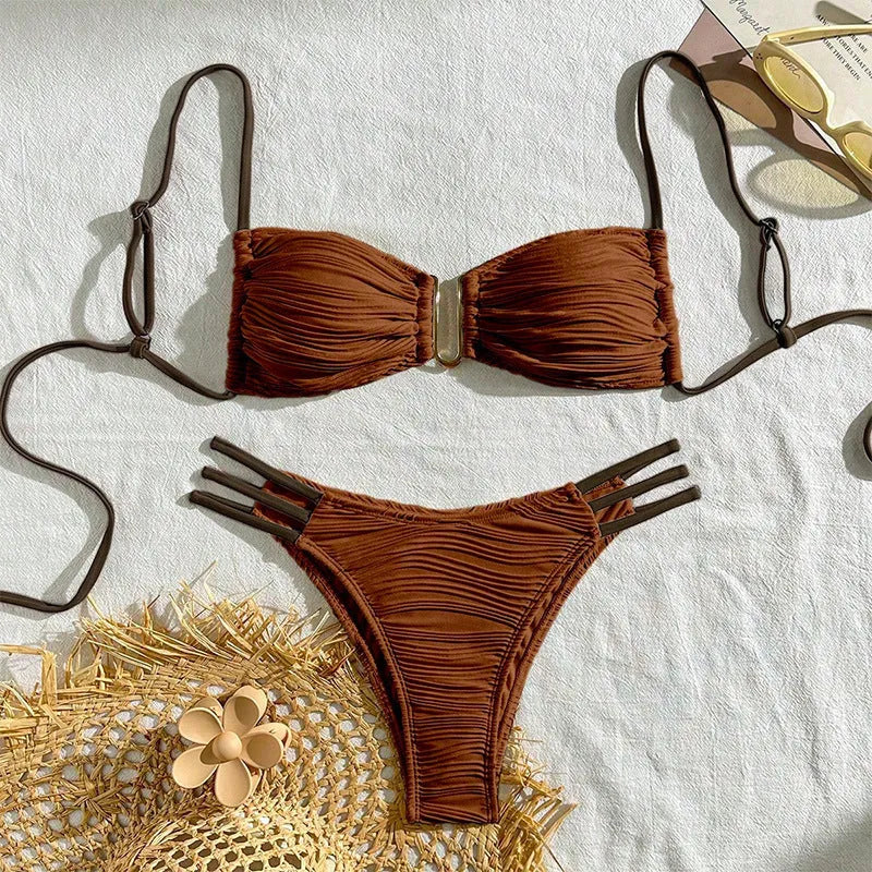 Women's polyester three-point bikini set in khaki with striped pattern, front view