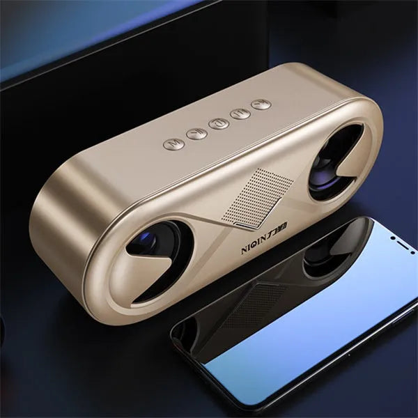 Black Bluetooth speaker with button controls and TF card slot on front