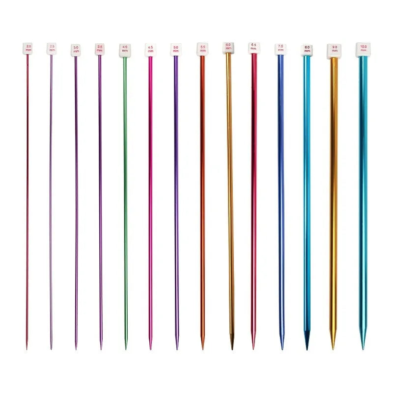 Crochet hook set showing 14 different sizes from 2.0mm to 10.0mm with lengthened design and caps