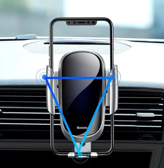 Universal smart car bracket with magnetic dashboard mount and adjustable arm in black, blue, and silvery colours.