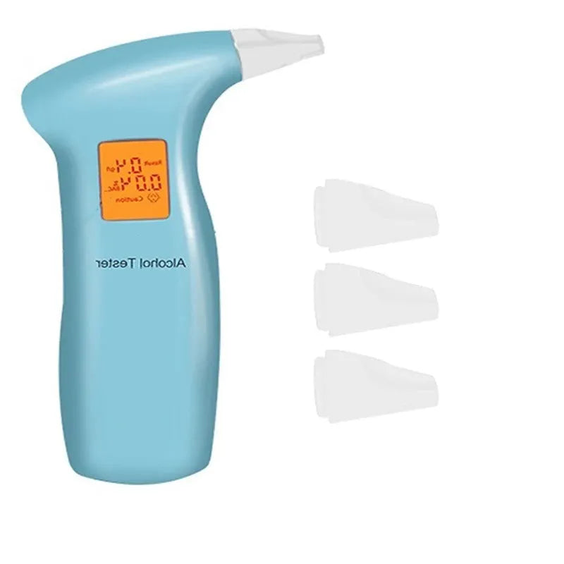 Portable orange light breath alcohol tester with replaceable mouthpieces in orange and grey case