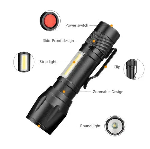 Mini telescopic aluminium alloy LED flashlight with adjustable focus and pocket clip