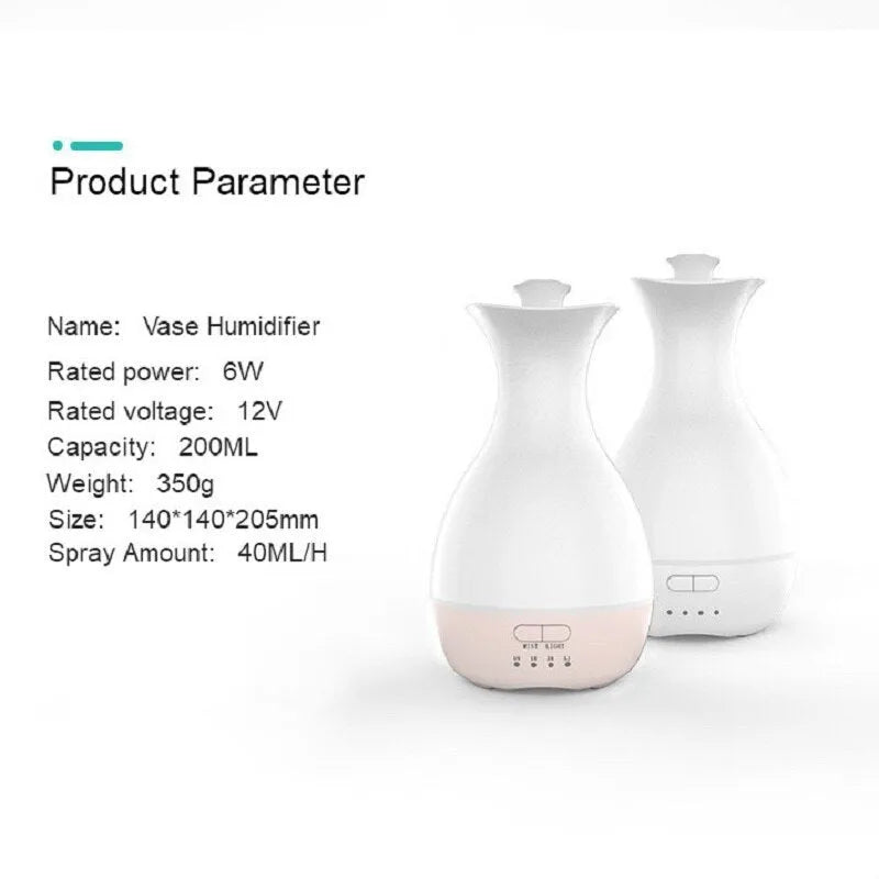 White ultrasonic aromatherapy diffuser with 200ml capacity and multicolour LED lighting on wooden table