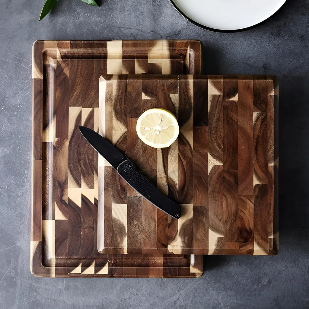 Brown solid acacia wood chopping board with 3cm thickness on a kitchen counter.
