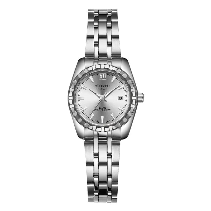 Couple watch with steel band, 28mm dial, luminous hands, and date window in silver finish