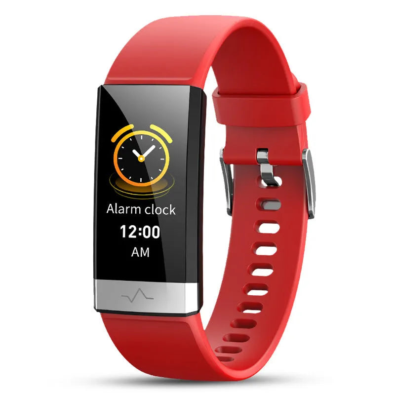 V19 smart fitness tracker in black with a colour display showing heart rate and SpO2 data.