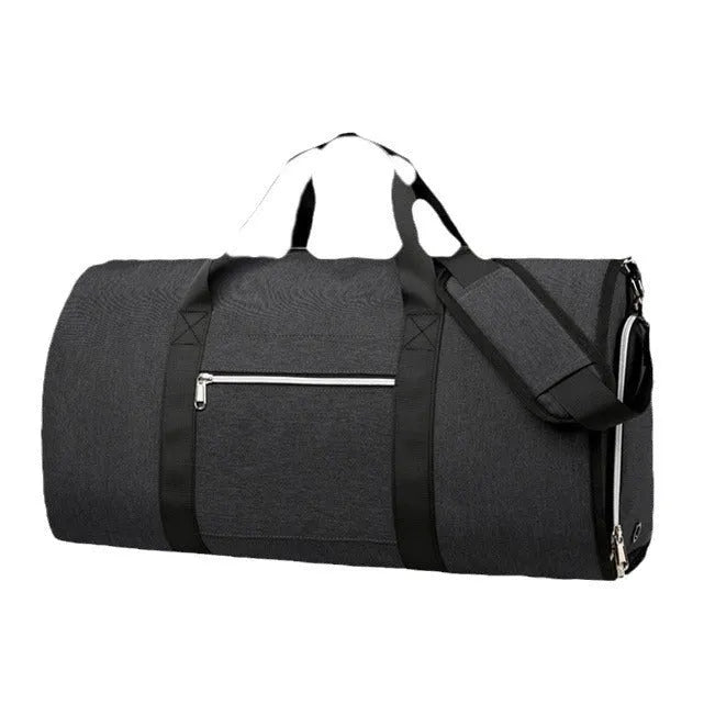 Grey Oxford cloth sports and business bag with expansion feature and dry wet separation compartments.