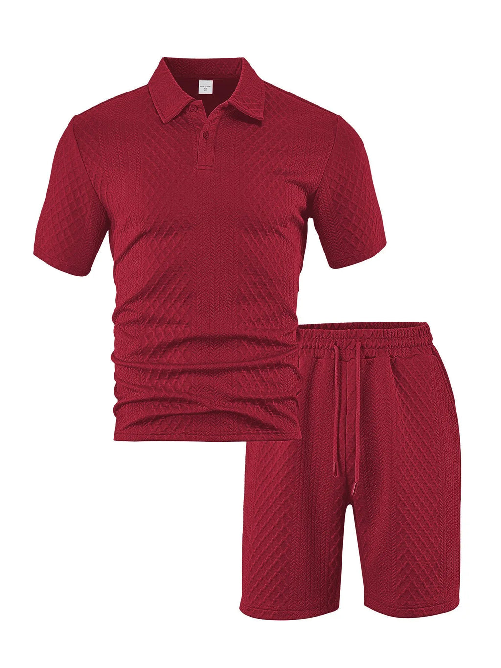 Men's patterned polyester casual suit set with short sleeve polo top and matching trousers