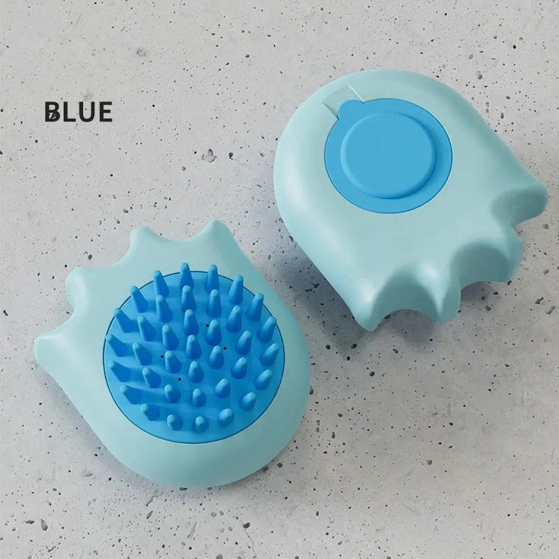 Blue pet bath brush with massage comb bristles and a built-in shampoo box.