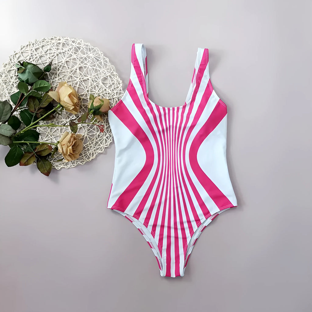 Pink and white striped one-piece swimsuit for women with digital printing on front and back.