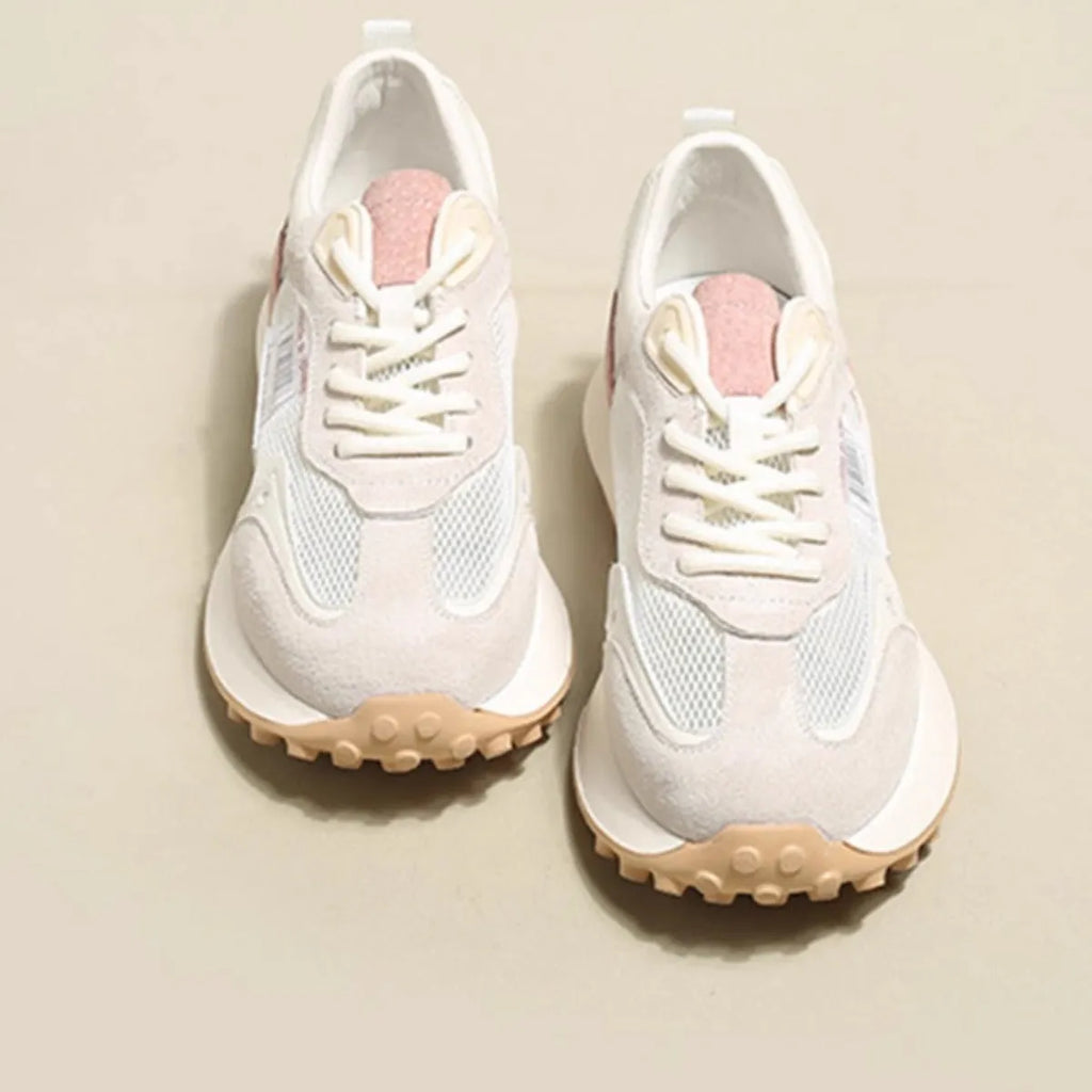 Women's grey and pink retro sneakers with mesh lining and rubber sole in low-top design