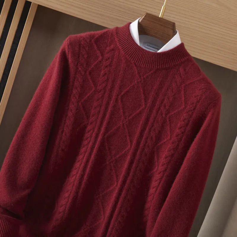 Men's semi-high diamond twisted wool pullover in wine red, loose fit, long sleeve, autumn casual wear