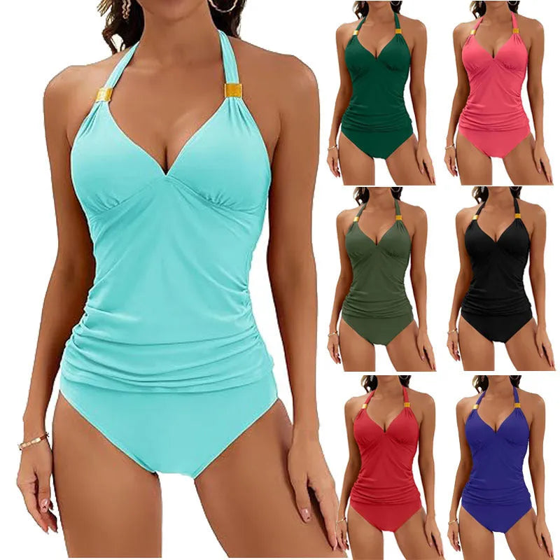 Women's red halter neck tie front two-piece swimsuit with matching briefs on a mannequin.