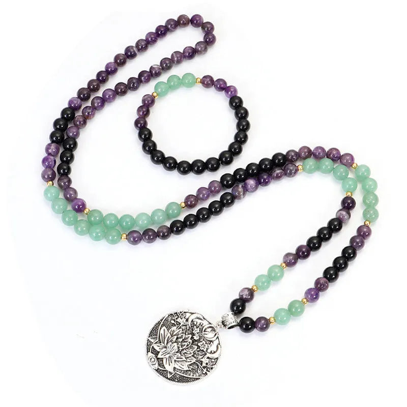 Geometric lotus pendant necklace and bracelet set with stone beads and adjustable chain