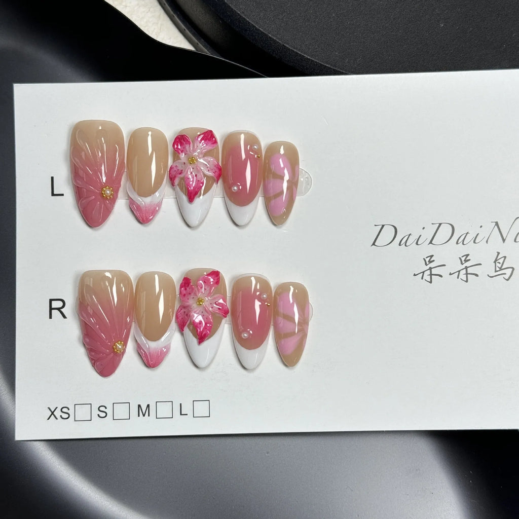 French style lily fluid ice flower three-dimensional plastic nail art tips with almond wearable design