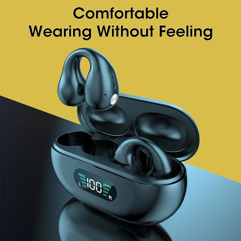 Q80 bone conduction Bluetooth headset clip in black, white, or khaki colour showing ear clip design.
