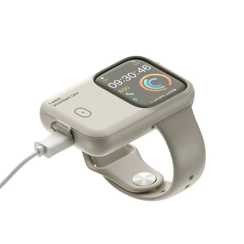Portable wireless charging case for Apple Watch in brown, midnight blue, and starlight colours.