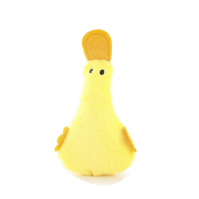 Yellow duck plush pet toy with squeaker, catnip filling, and internal rattle paper for cats and dogs