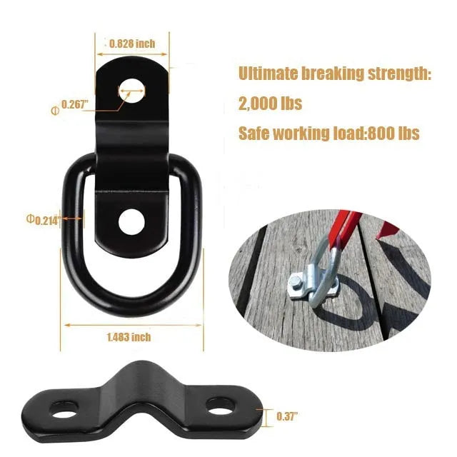 Black galvanized truck floor hook with pull ring for vehicle cargo management