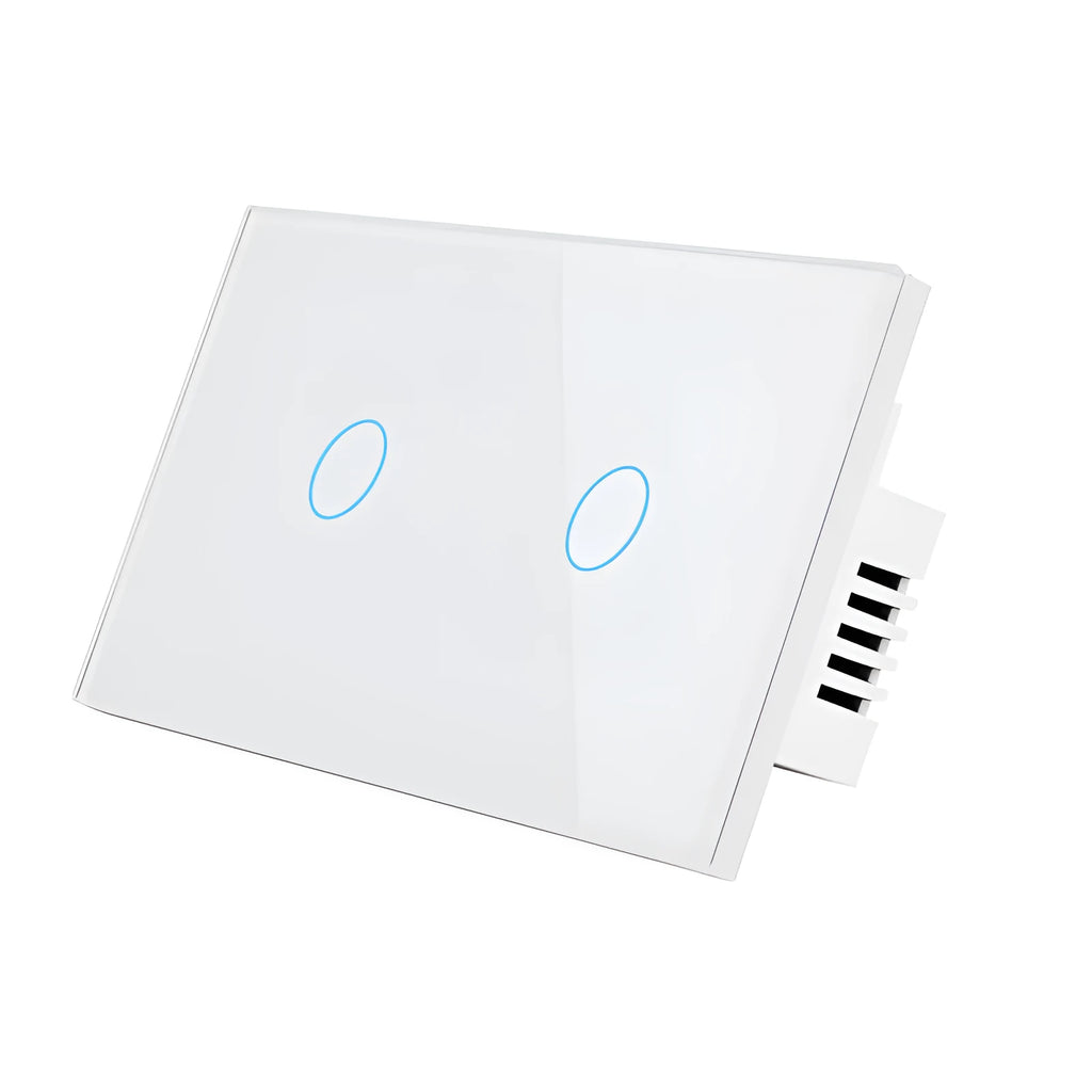 Modern 2-gang touch light switch with tempered glass panel in black, white, or gold.
