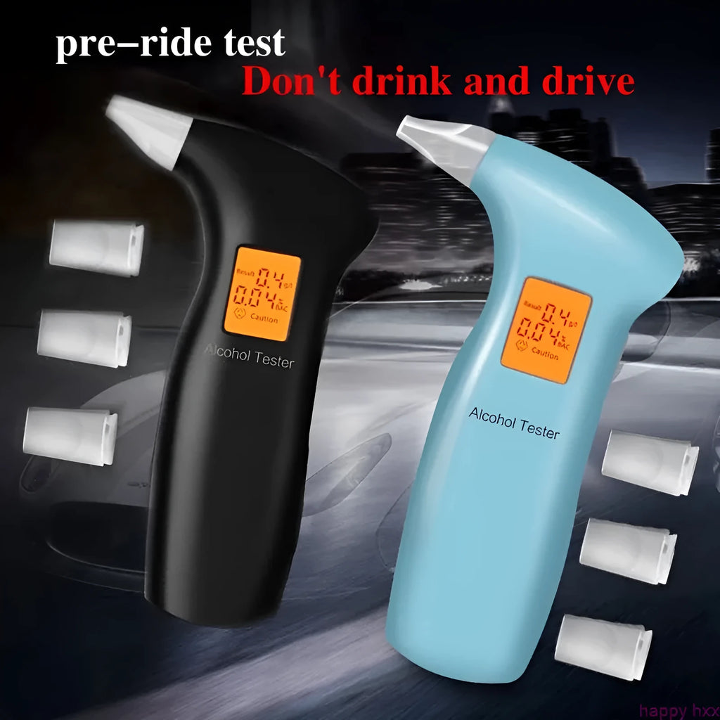 Portable orange light breath alcohol tester with replaceable mouthpieces in orange and grey case