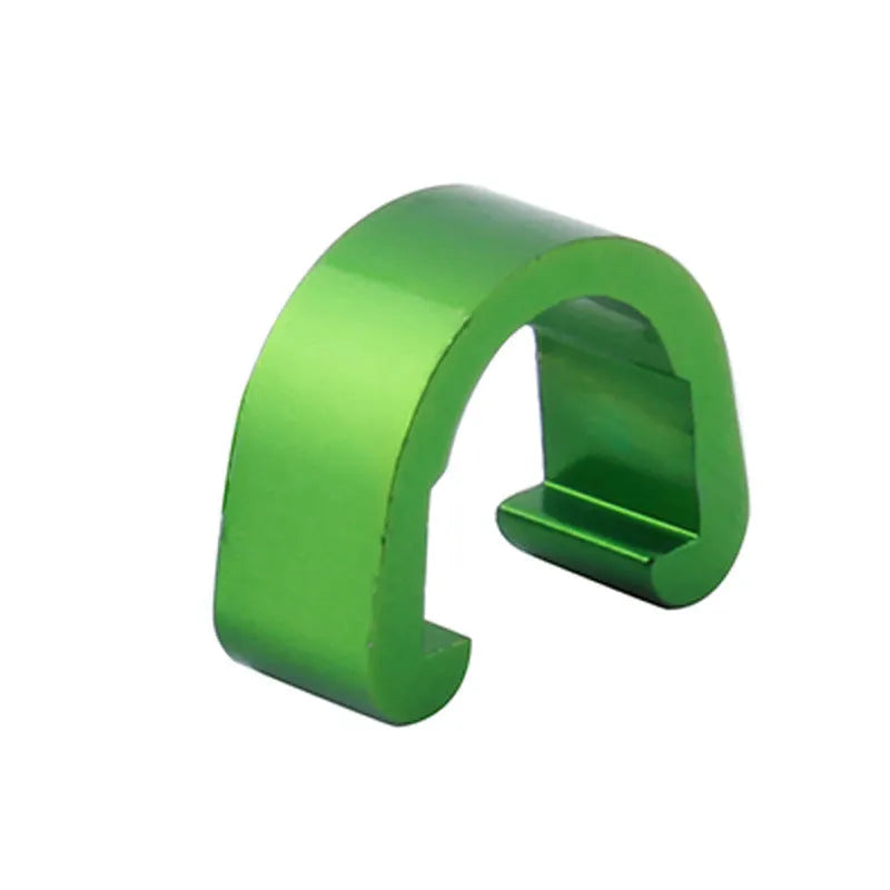 Set of ten small aluminium alloy C-shaped buckles in assorted colours on a white background.