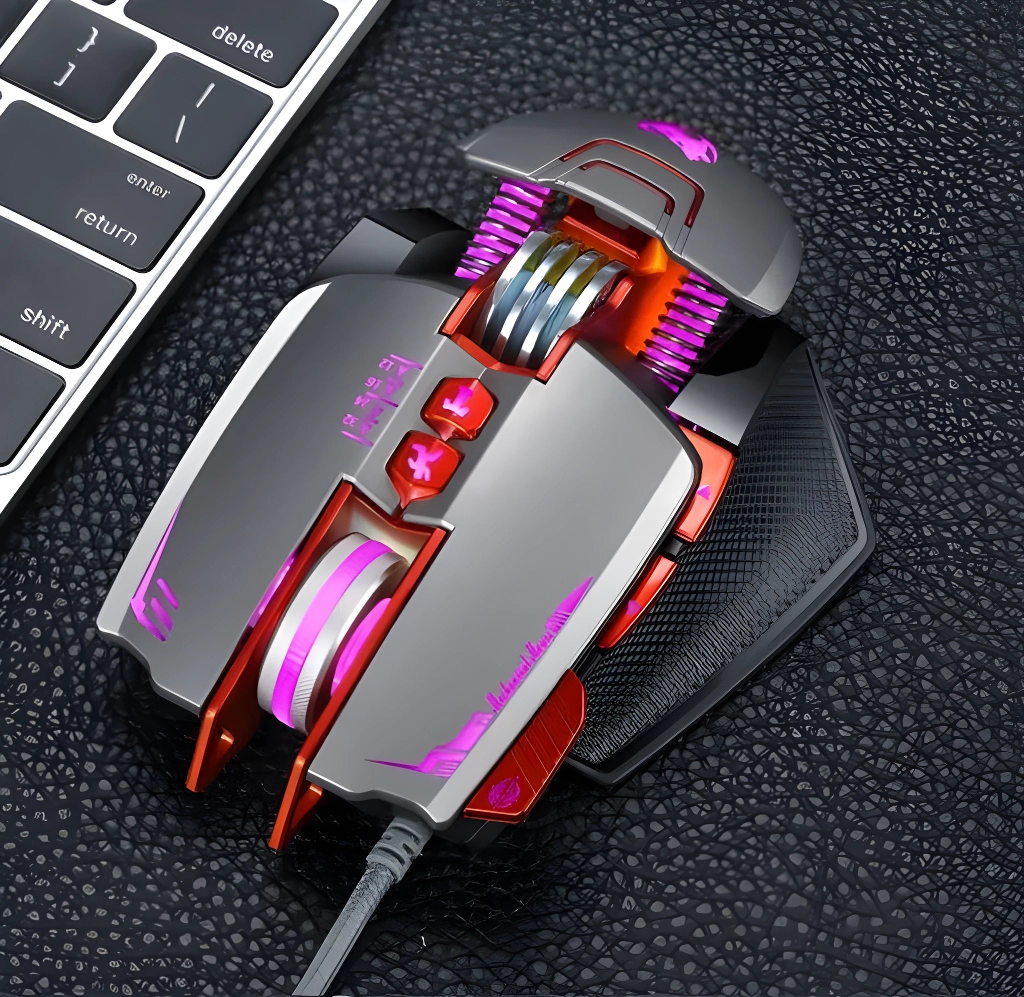Thunder Wolf V9 black wired gaming mouse showing six buttons and ergonomic shape on mouse pad