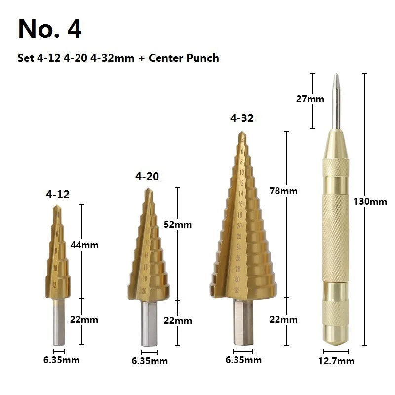 High-speed steel cone step drill bits and a centre punch set on a workshop bench