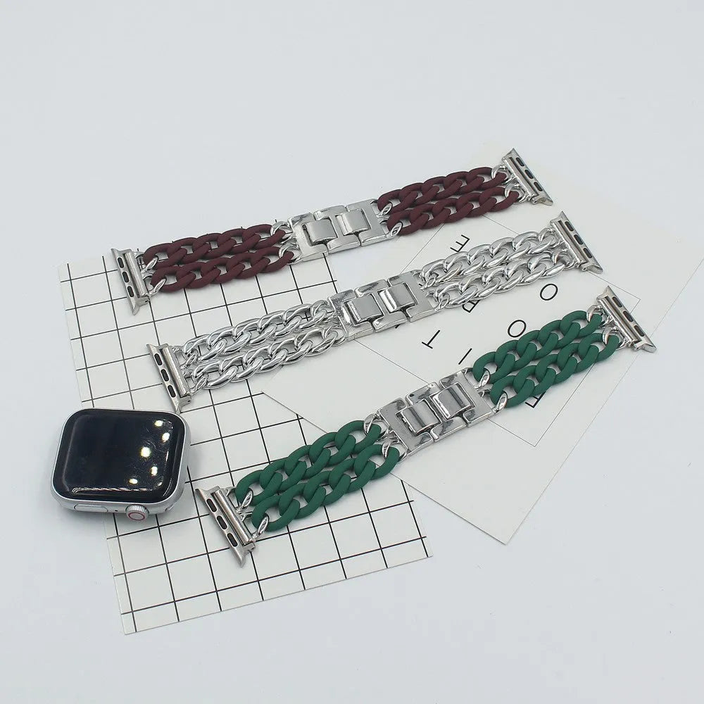 Resin splicing metal denim chain watch strap in silver on a wrist