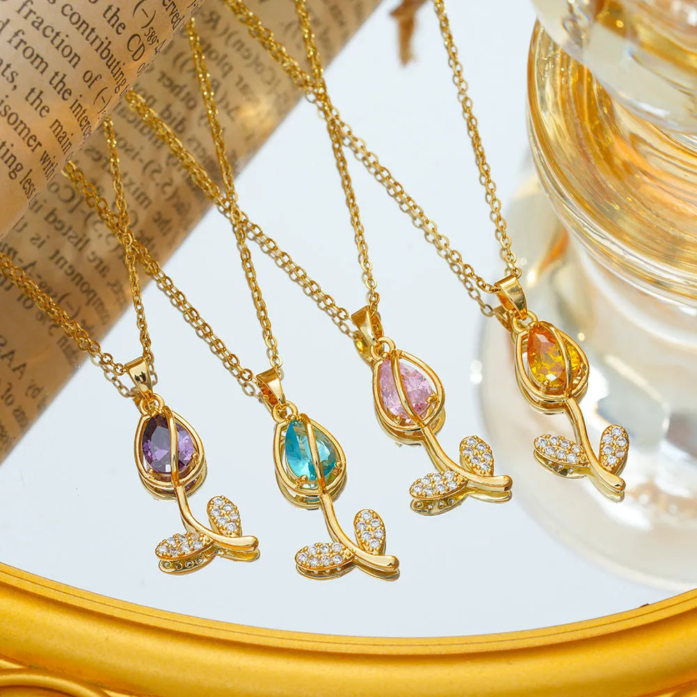 Zircon tulip necklace for women with flower-shaped pendant on adjustable titanium steel chain