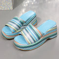 Women's wave print wedge sandals with thick rubber soles and fish mouth toe in beige, blue, or pink
