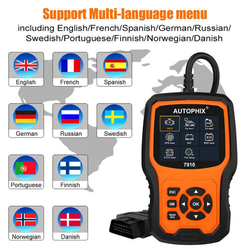 Autophix 7910 BMW diagnostic scanner OBD2 tool with display showing fault codes