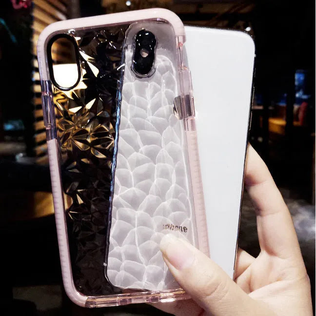 Striped TPU back cover iPhone case shown in black border, pink border, and white border colour options.