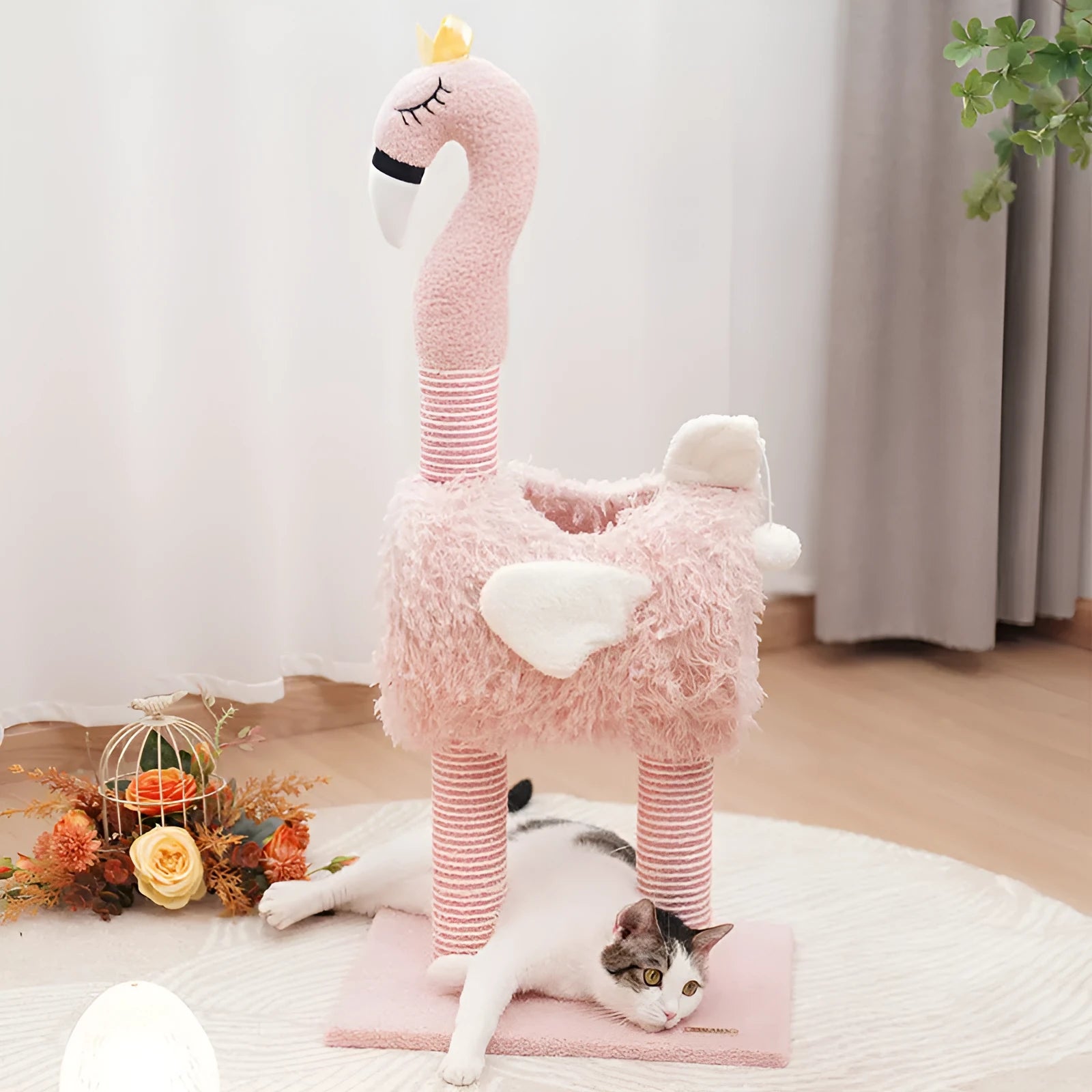 Multi-functional sisal cat climbing frame with nest in pink colour for indoor cats