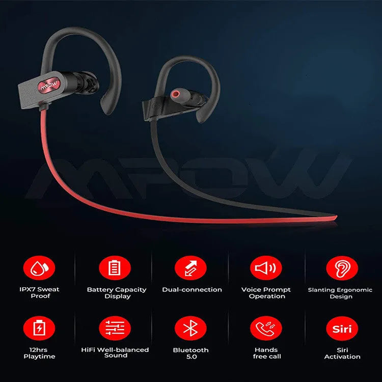 Flame2 red hanging ear Bluetooth headset shown in use on a person's ear.