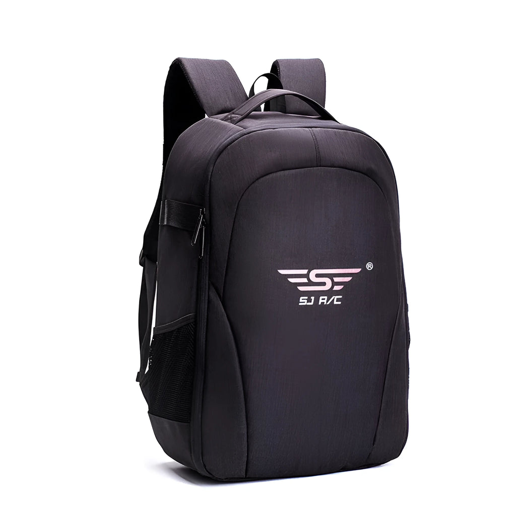 Black waterproof drone backpack with multiple compartments for camera and computer equipment